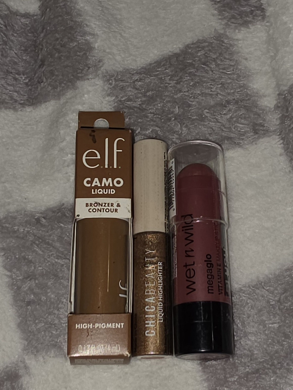 Elf Camo Liquid Bronzer, Wet n Wild Blush Stick & Chica Beauty Liquid Highlight